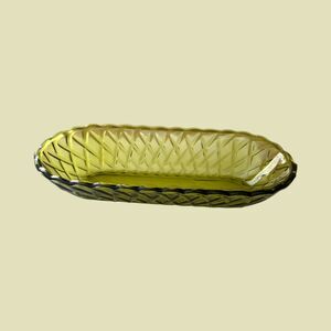 Vintage Green Glass Relish Dish – Avocado Diamond Basketweave Celery Tray 1970s